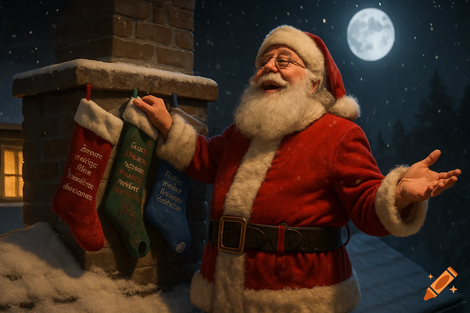 Santa Claus smiles by a snowy brick chimney at night, hanging red, green, and blue stockings under a full moon.