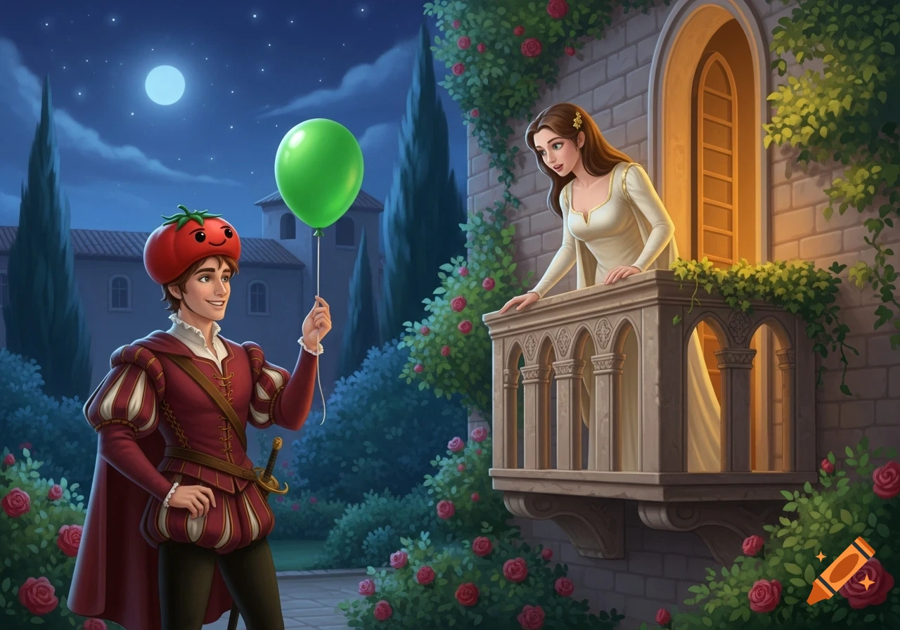 A man in a red suit and tomato hat holds a green balloon, gazing up at a woman on a stone balcony surrounded by roses at night.