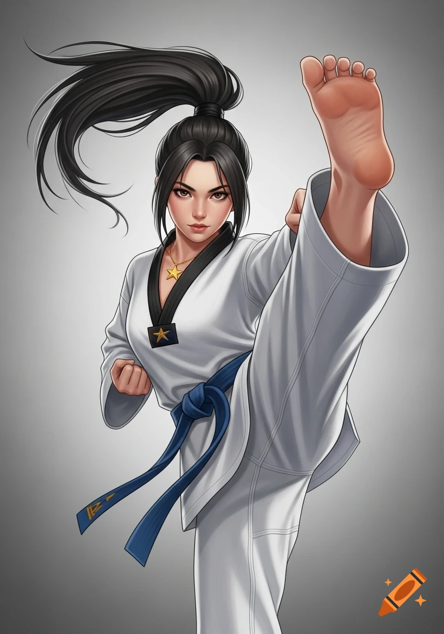 An anime-style girl with a high ponytail, wearing a white taekwondo uniform with a blue belt, performs a high kick towards the viewer.