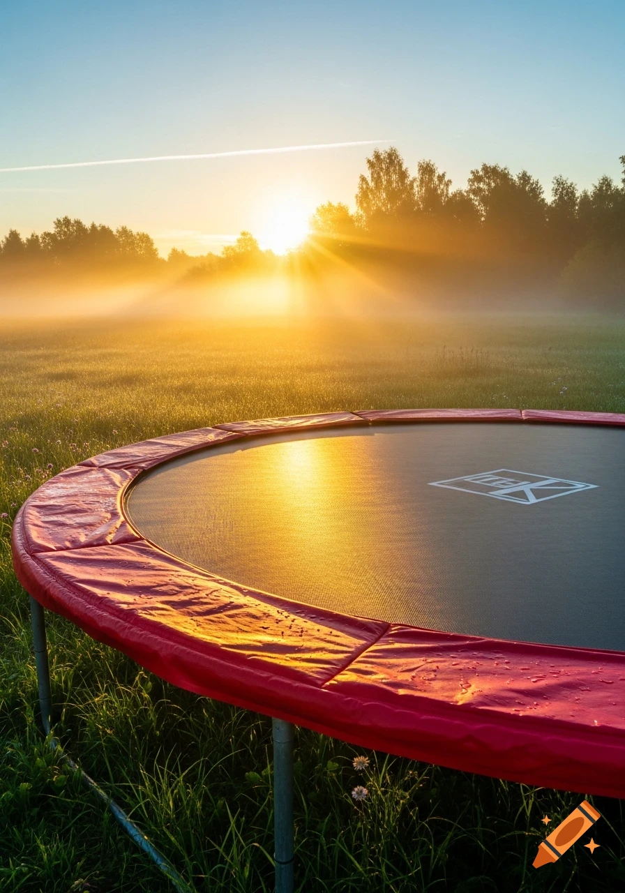 A red trampoline sits in a misty green field, illuminated by the golden light of a sunrise over distant trees. Photorealistic.