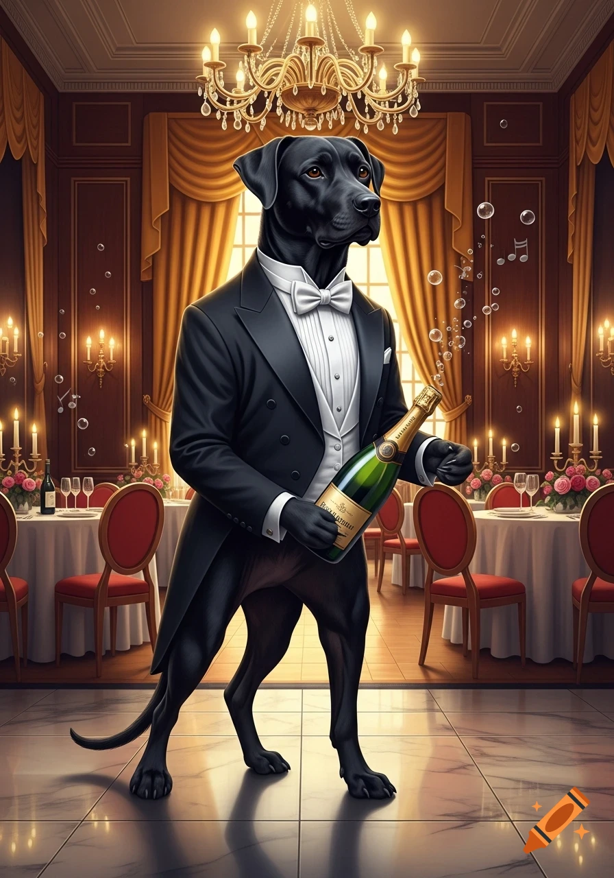 A black dog in a tuxedo holds a champagne bottle in a fancy ballroom with chandeliers and set tables, surrounded by bubbles.