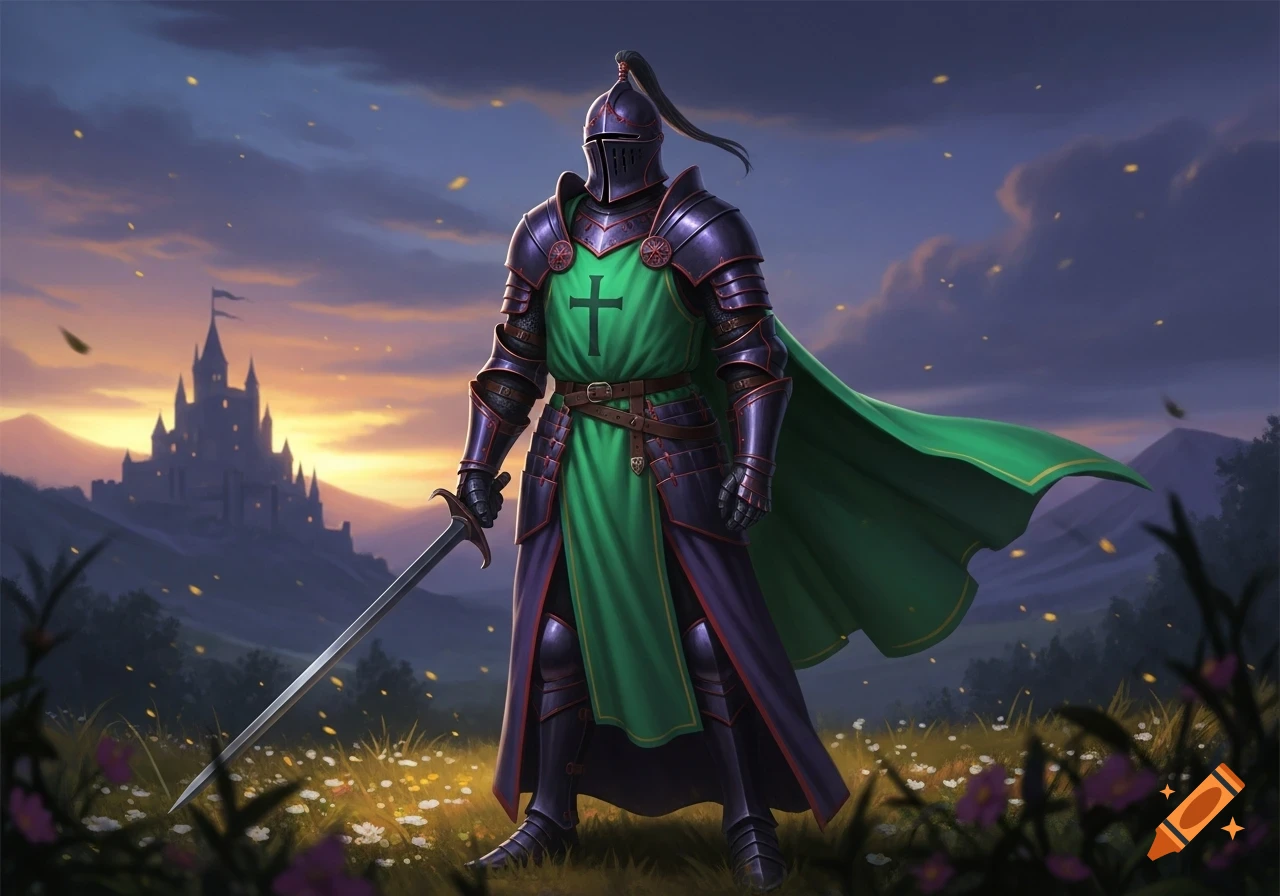 A knight in dark violet armor and green-teal tabard with a sword stands in a flower field at sunset, a castle in background.
