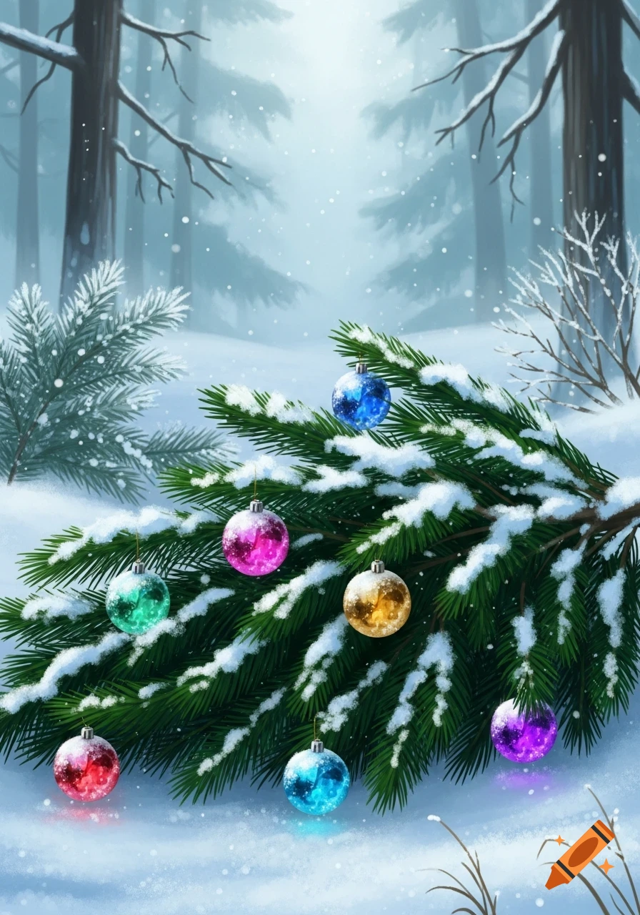 A snowy winter forest scene with a pine branch covered in snow and ...