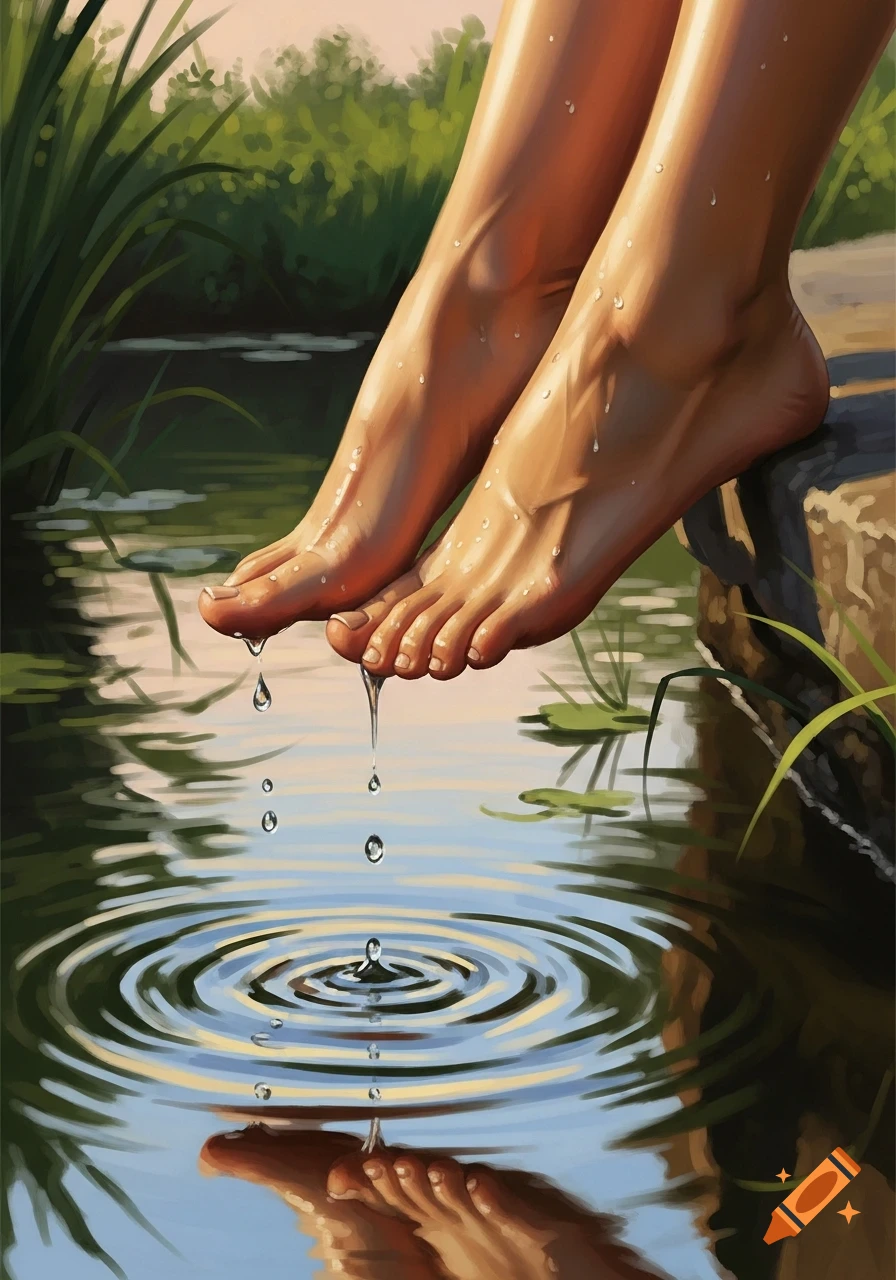 An artistic painting of bare feet dipping into clear water, with droplets falling and creating ripples, surrounded by green foliage.