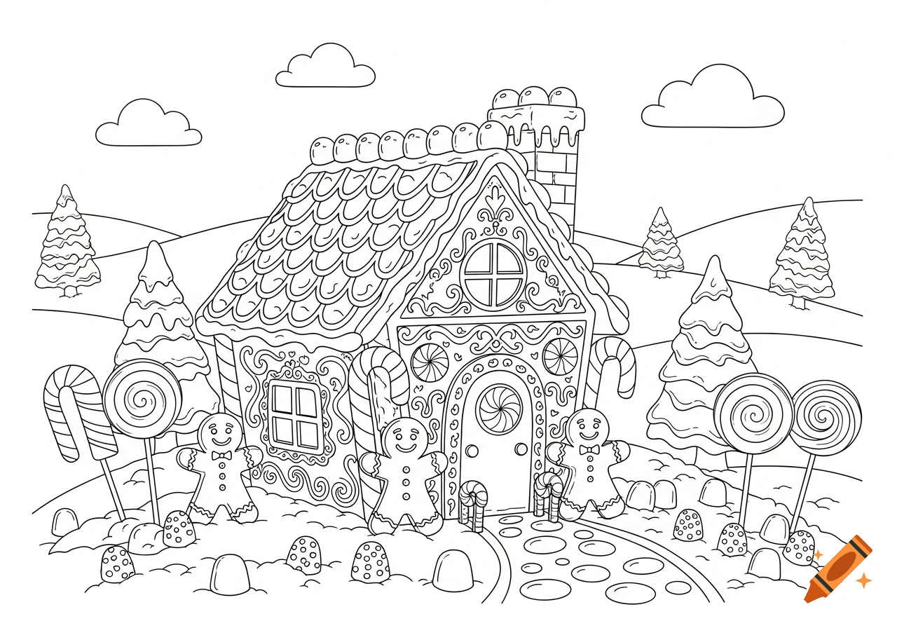 Whimsical hand-drawn gingerbread house coloring page with gingerbread people, lollipops, trees, and snowy hills.