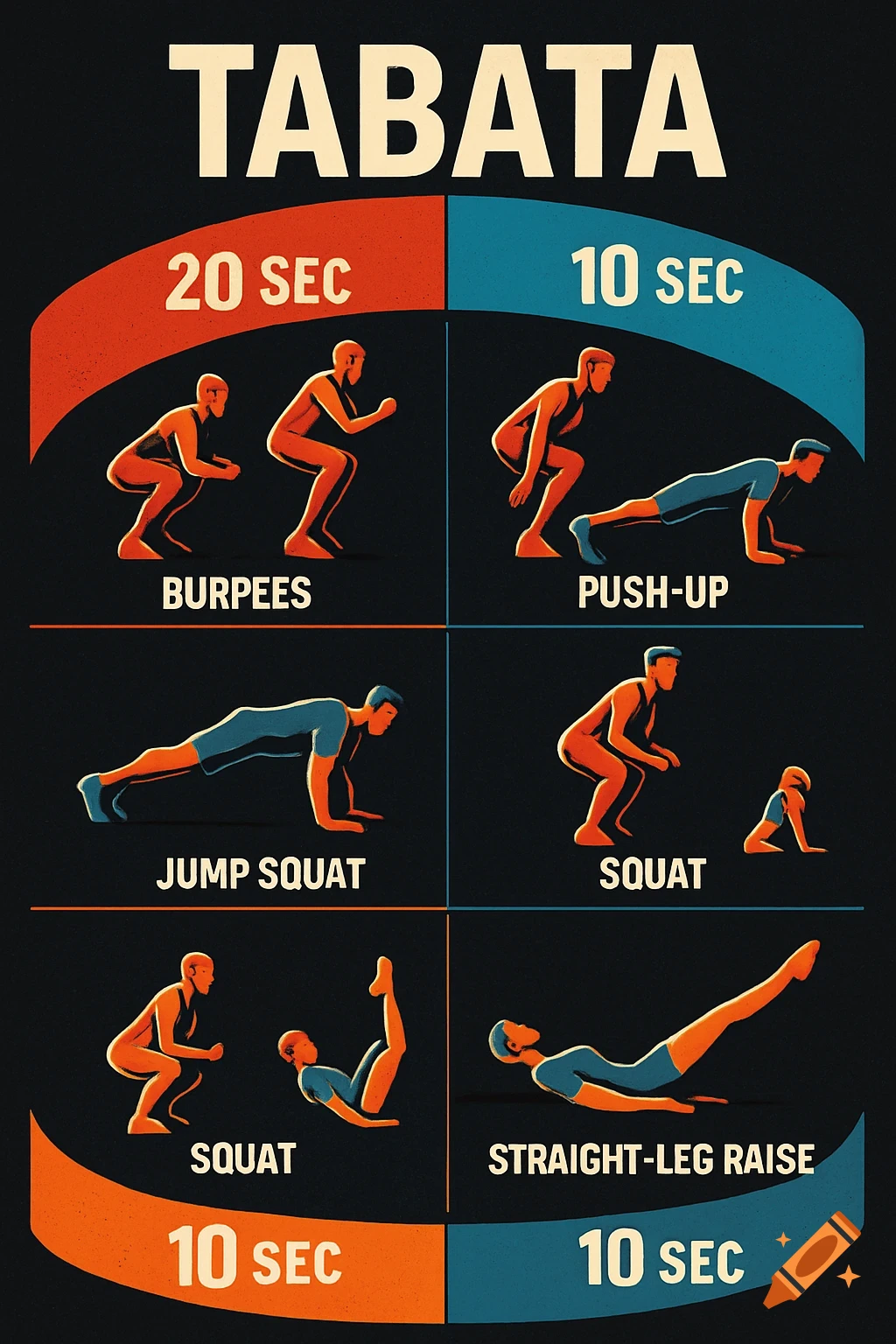 Tabata workout infographic with illustrations of people performing exercises like burpees, push-ups, squats, and straight-leg raises.