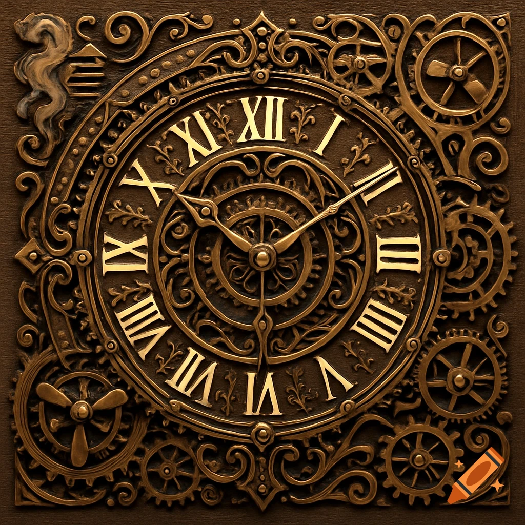 Highly detailed brass steampunk clock face with Roman numerals, intricate gears, and filigree design.