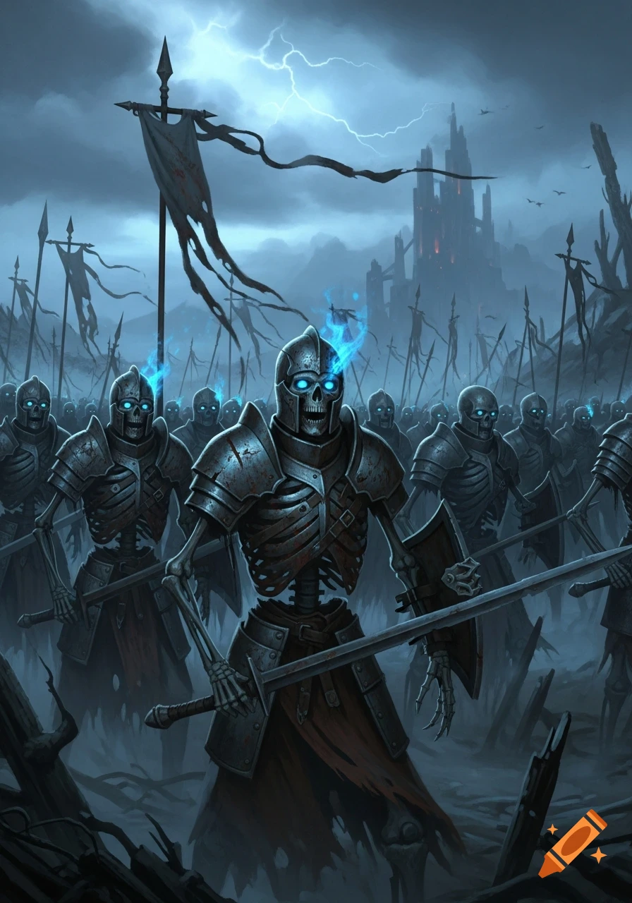An armored skeleton army with glowing blue eyes and flames marches under a stormy sky with lightning towards a dark castle.