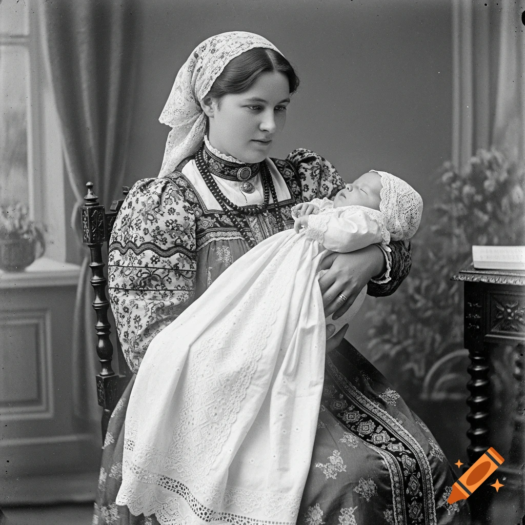 Black and white portrait of a woman in traditional clothing holding a sleeping baby in a long gown.