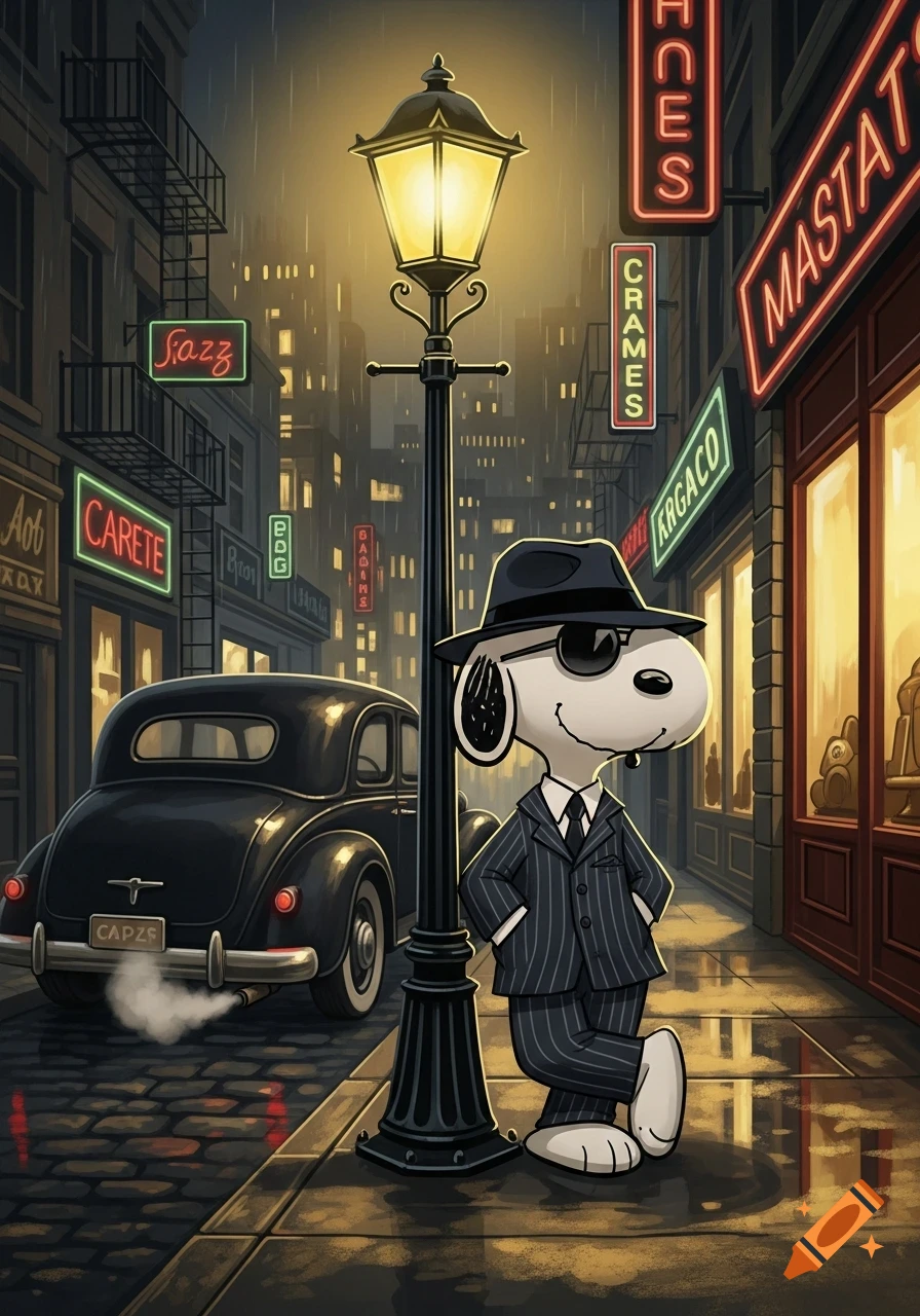 Snoopy as a gangster in a pinstripe suit, fedora, and sunglasses leans on a lamppost on a rainy, neon-lit city street with a vintage car.