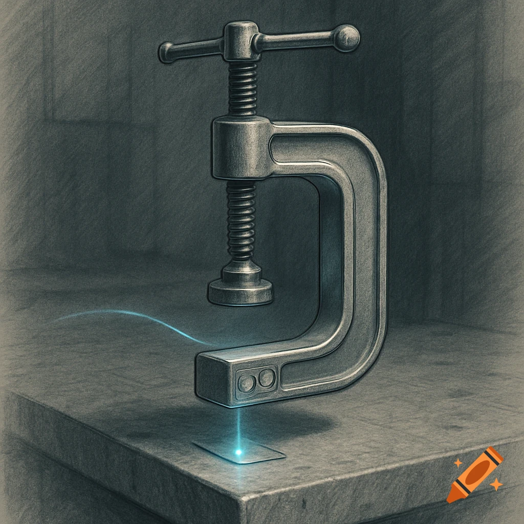 Monochromatic sketch of a C-clamp with a blue light, depicting a magnetic positioning principle on a surface.