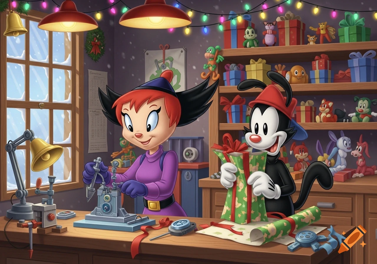 Gadget from Rescue Rangers and Wakko Warner prepare for Christmas in a festive workshop, surrounded by gifts and toys.