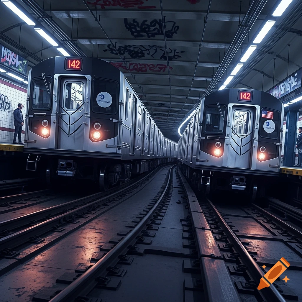 Two subway trains with illuminated headlights sit on tracks in a dark, graffiti-covered subway station, with a person waiting on each platform.