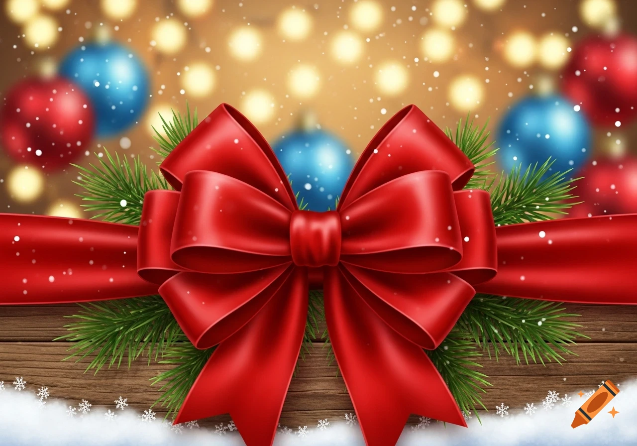 A vibrant red Christmas bow against a background of blurred lights, blue and red ornaments, and falling snow.