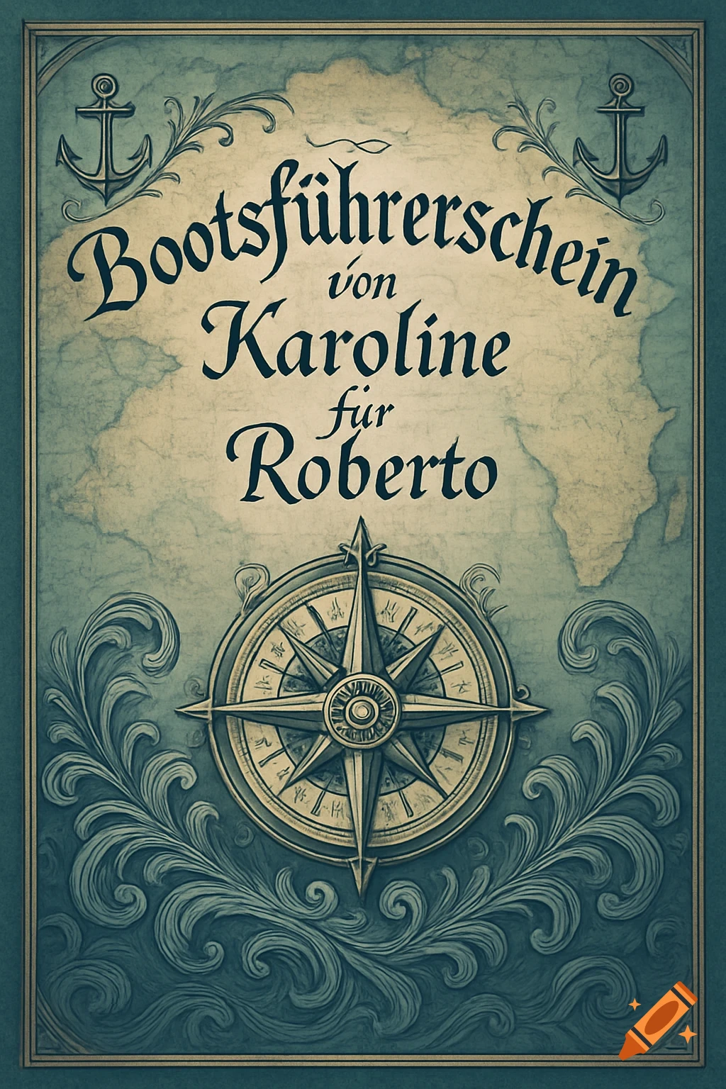 A vintage-style boat license certificate with text 'Bootsführerschein von Karoline f Roberto', featuring anchors, a compass rose, and wave patterns on a map background.