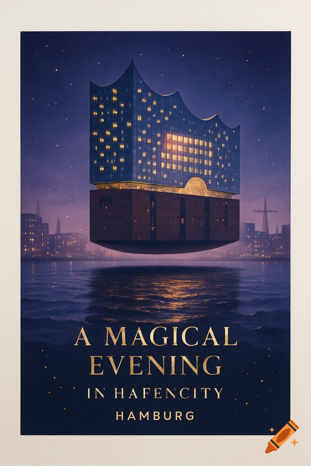 Stylized poster of a floating, illuminated Elbphilharmonie-like building over dark water at night, with text 'A Magical Evening in Hafencity Hamburg'.