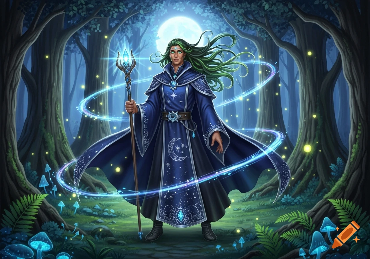 A green-haired wizard in a blue robe holding a glowing staff stands in a magical moonlit forest with glowing mushrooms and fireflies.