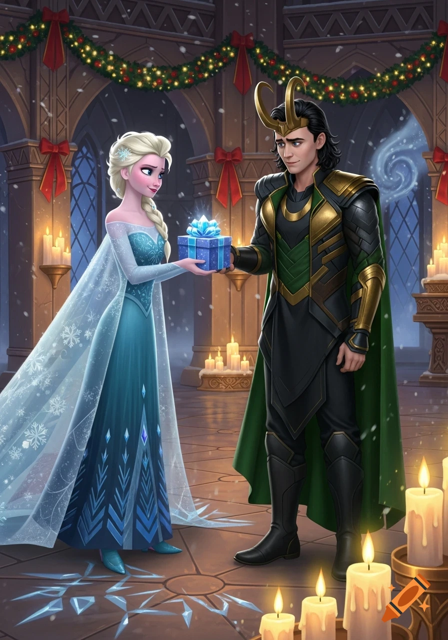 Elsa from Frozen gives a glowing blue gift to Loki in a festive, snow-dusted hall decorated for Christmas, with many candles.