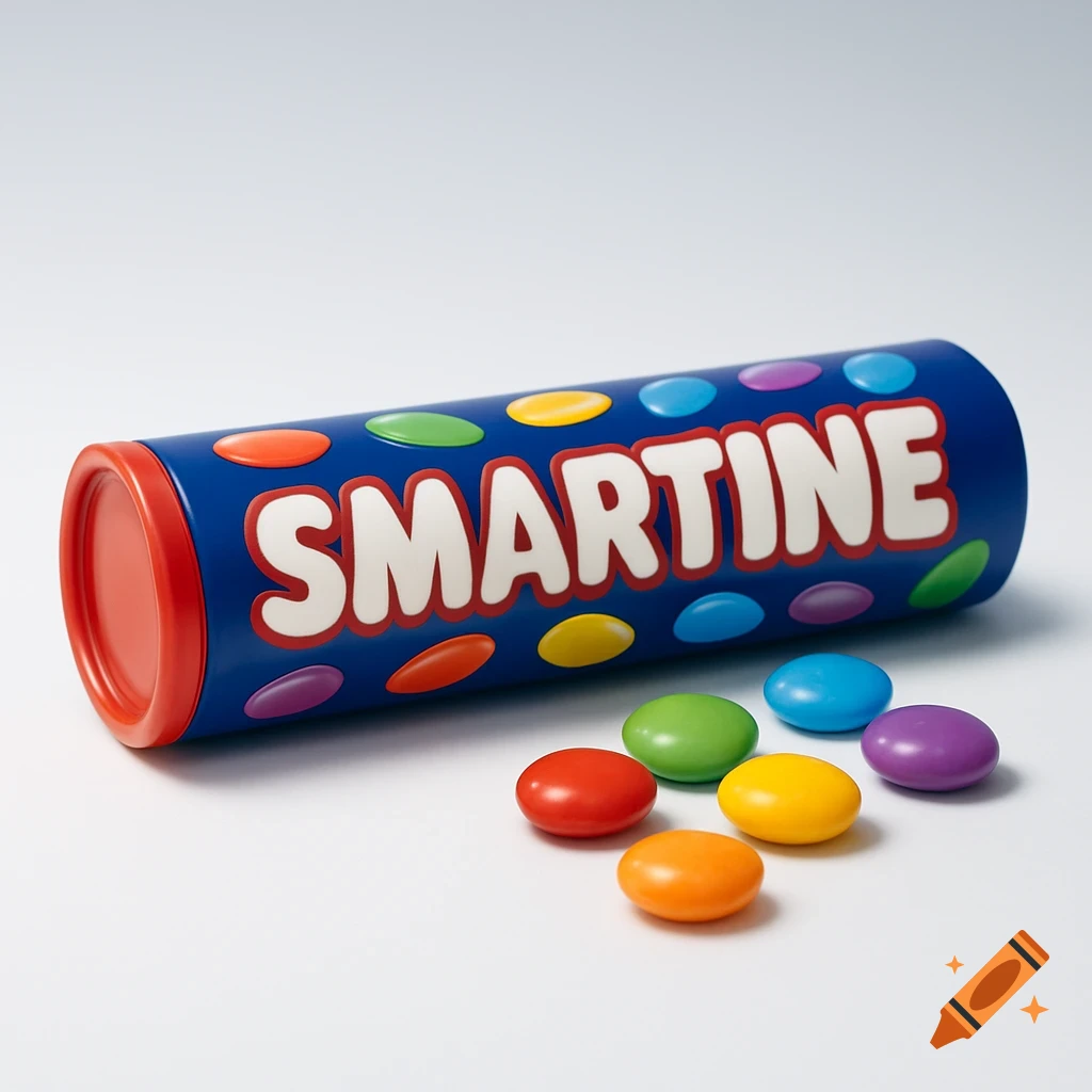 A blue candy tube labeled "SMARTINE" with red caps, surrounded by colorful red, orange, green, yellow, blue, and purple candies. Photorealistic.