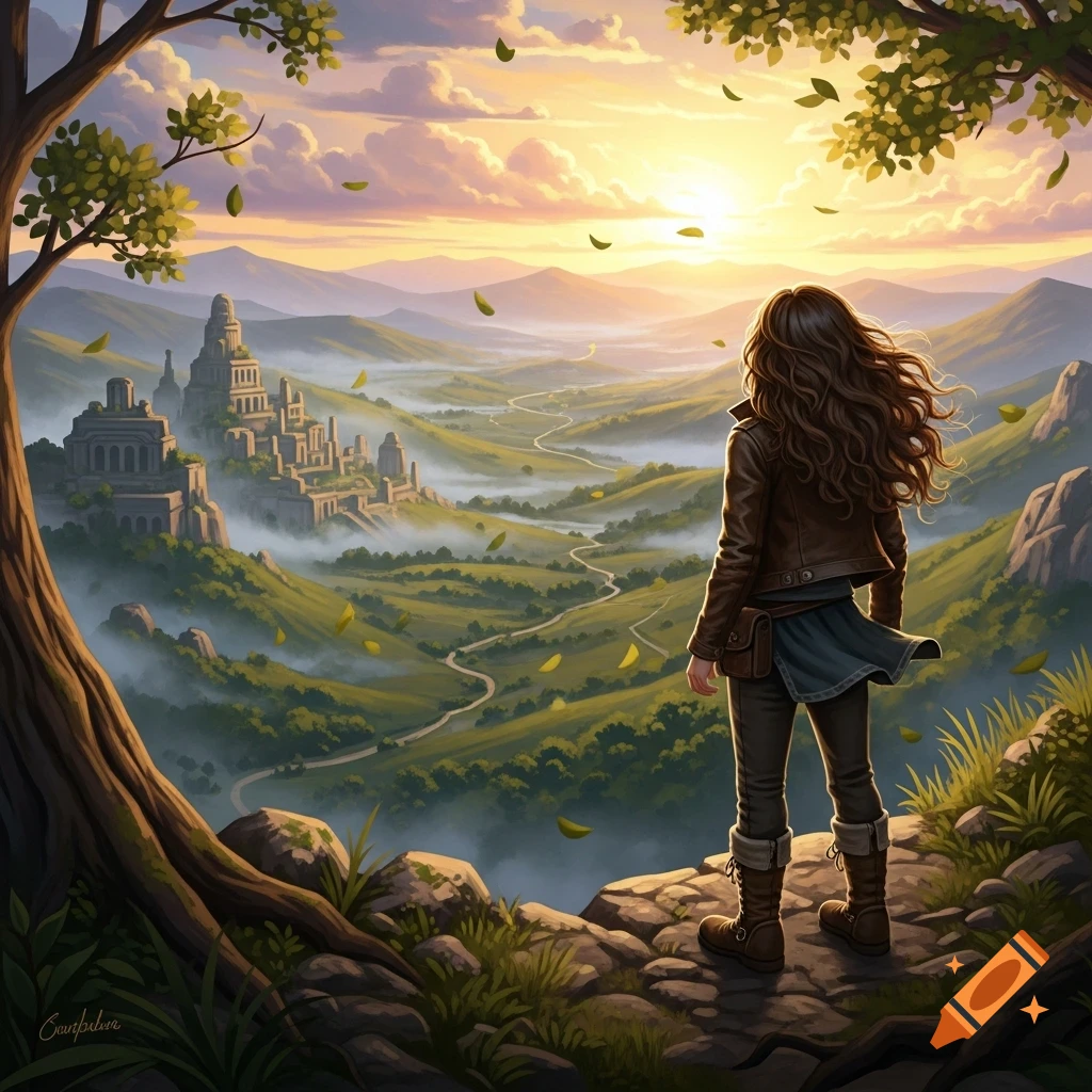 A girl with long brown hair stands on a cliff, overlooking a misty fantasy landscape with ancient ruins and a sunset.