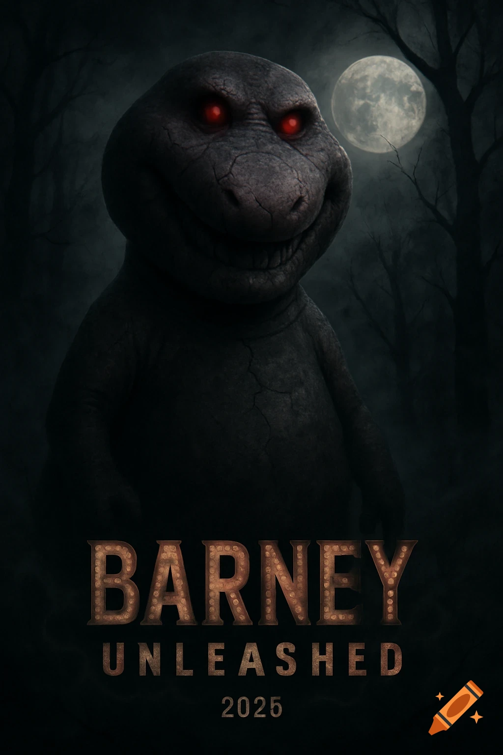 A horror movie poster featuring a dark, cracked Barney-like creature with red eyes in a spooky forest under a full moon, with text 'BARNEY UNLEASHED 2025'.
