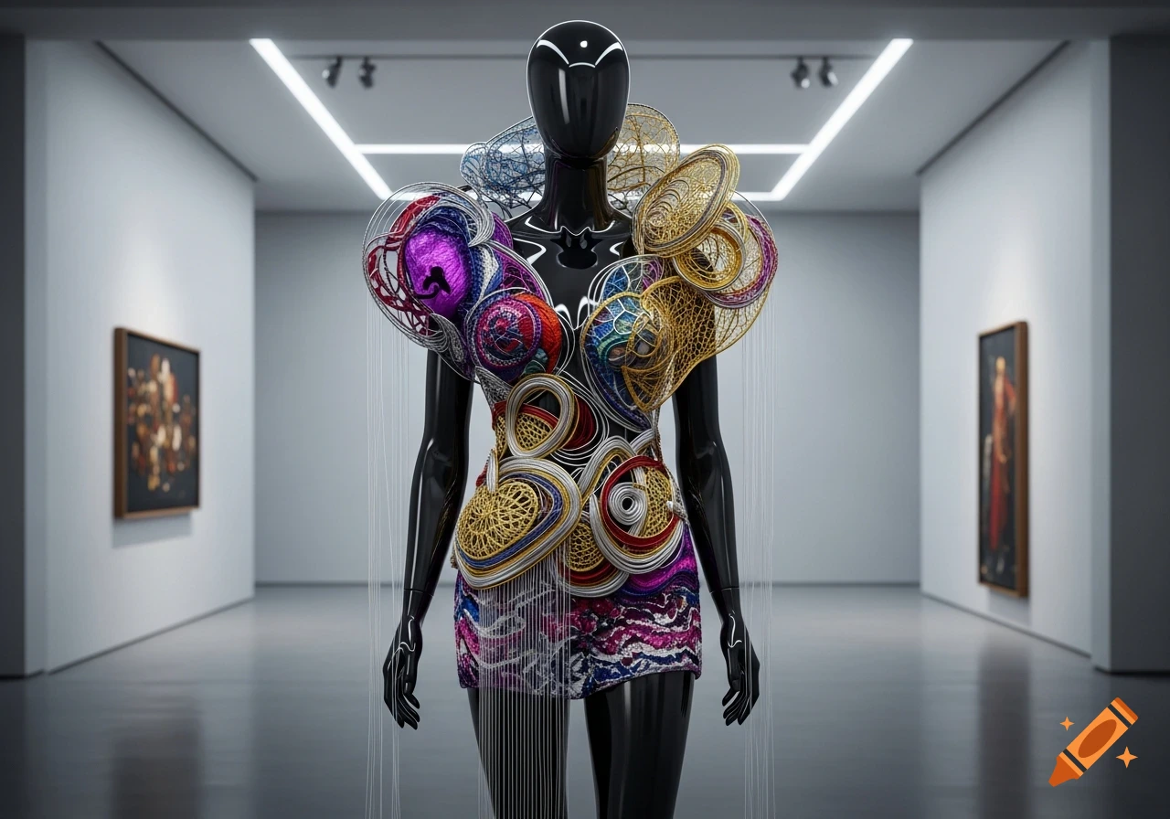 A black mannequin wearing an intricate, colorful piece of wearable art in a modern art gallery.