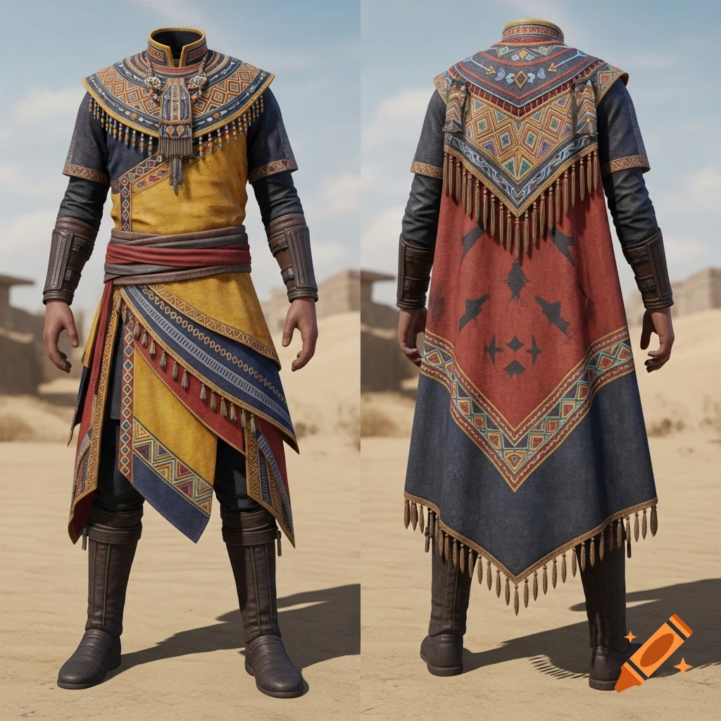 Front and back views of a richly decorated game character costume with yellow, blue, and red African-inspired patterns, set in a desert.