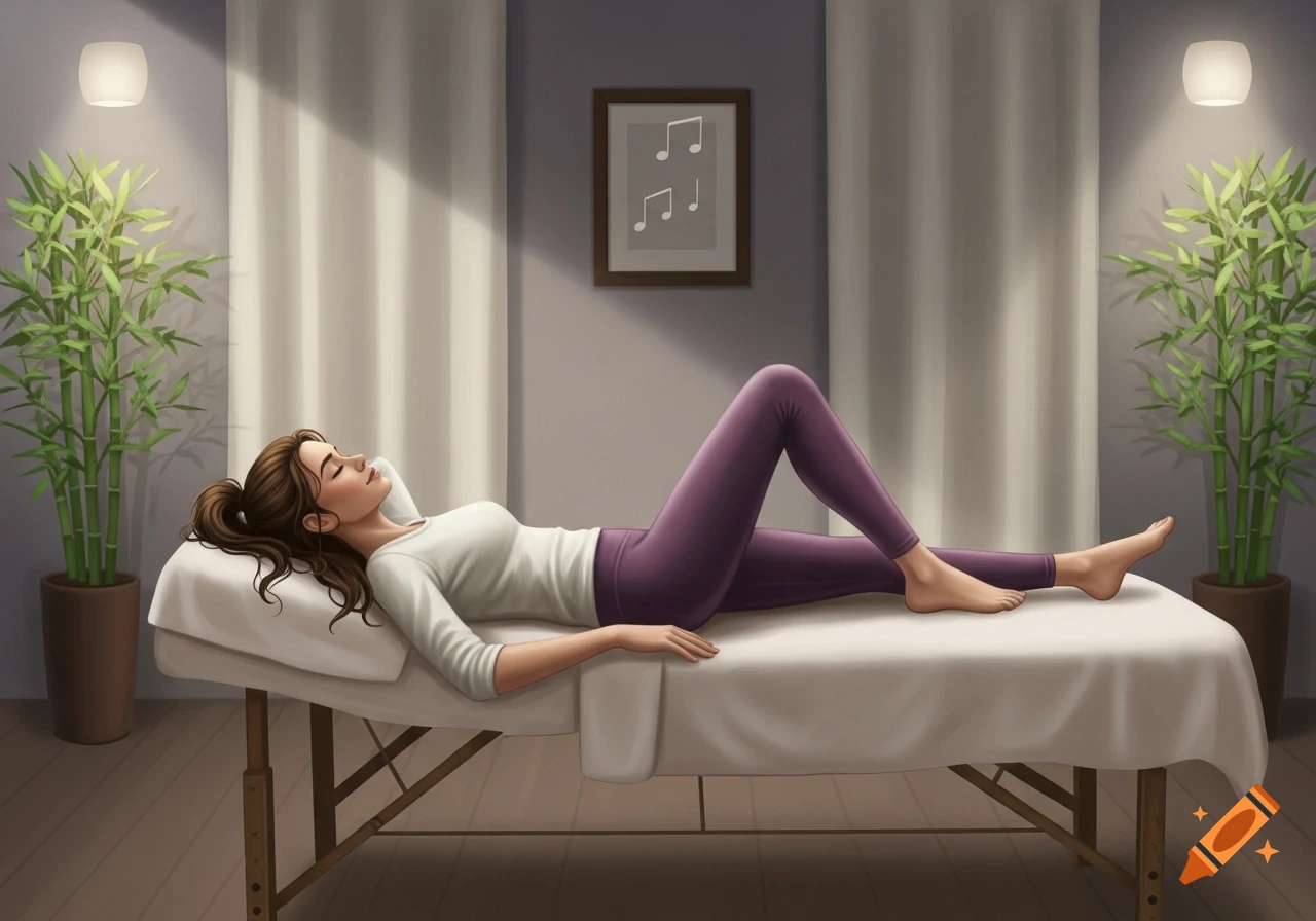 An illustration of a woman with a ponytail lying on her back on a massage table in a room with plants.