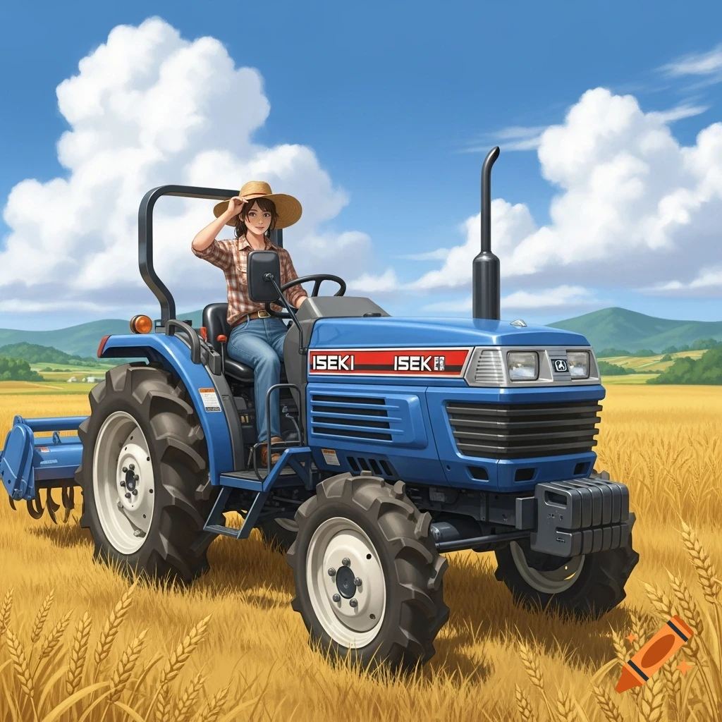 A woman in a straw hat and plaid shirt drives a blue Iseki tractor through a golden wheat field, anime style.