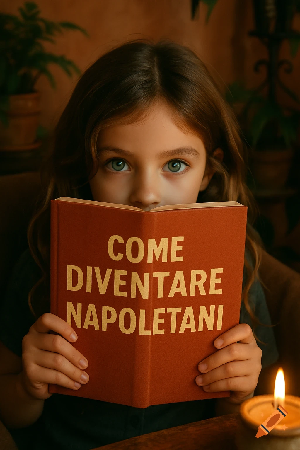 A young girl with green eyes looks over a book titled 'COME DIVENTARE NAPOLETANI', next to a lit candle in a photorealistic style.