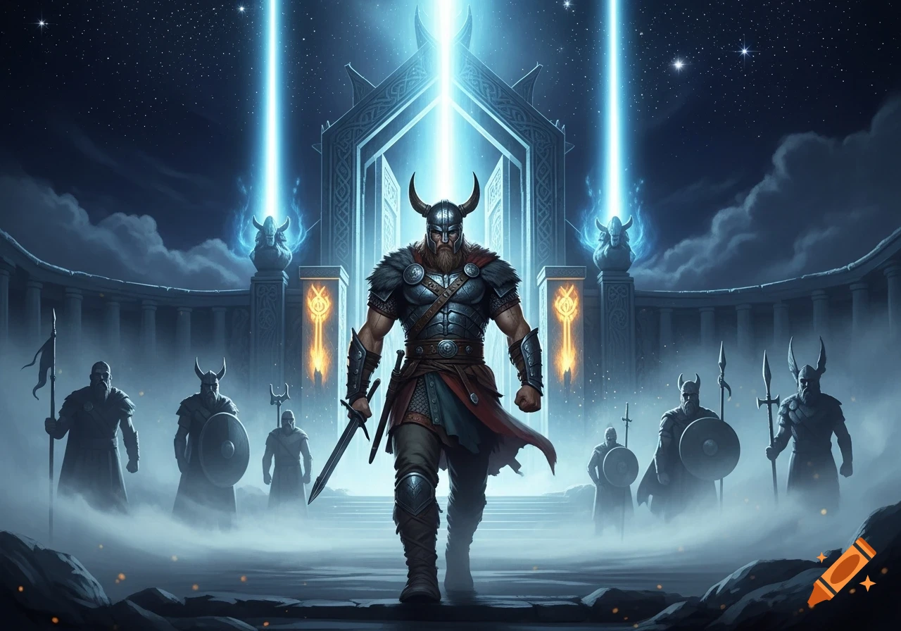 A formidable Viking warrior in a horned helmet and ornate armor emerges from a luminous gateway, with other warriors in a misty, starlit scene.