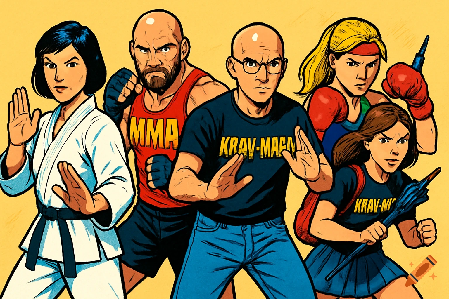 Cartoon style illustration of five diverse martial arts practitioners in combat stances on a yellow background.