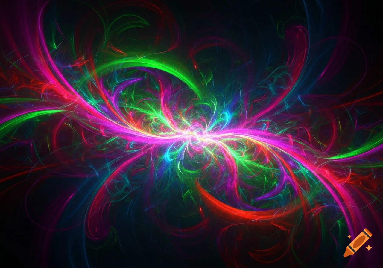 Vibrant abstract fractal pattern with glowing neon pink, green, blue, and red swirling lines on a dark background.