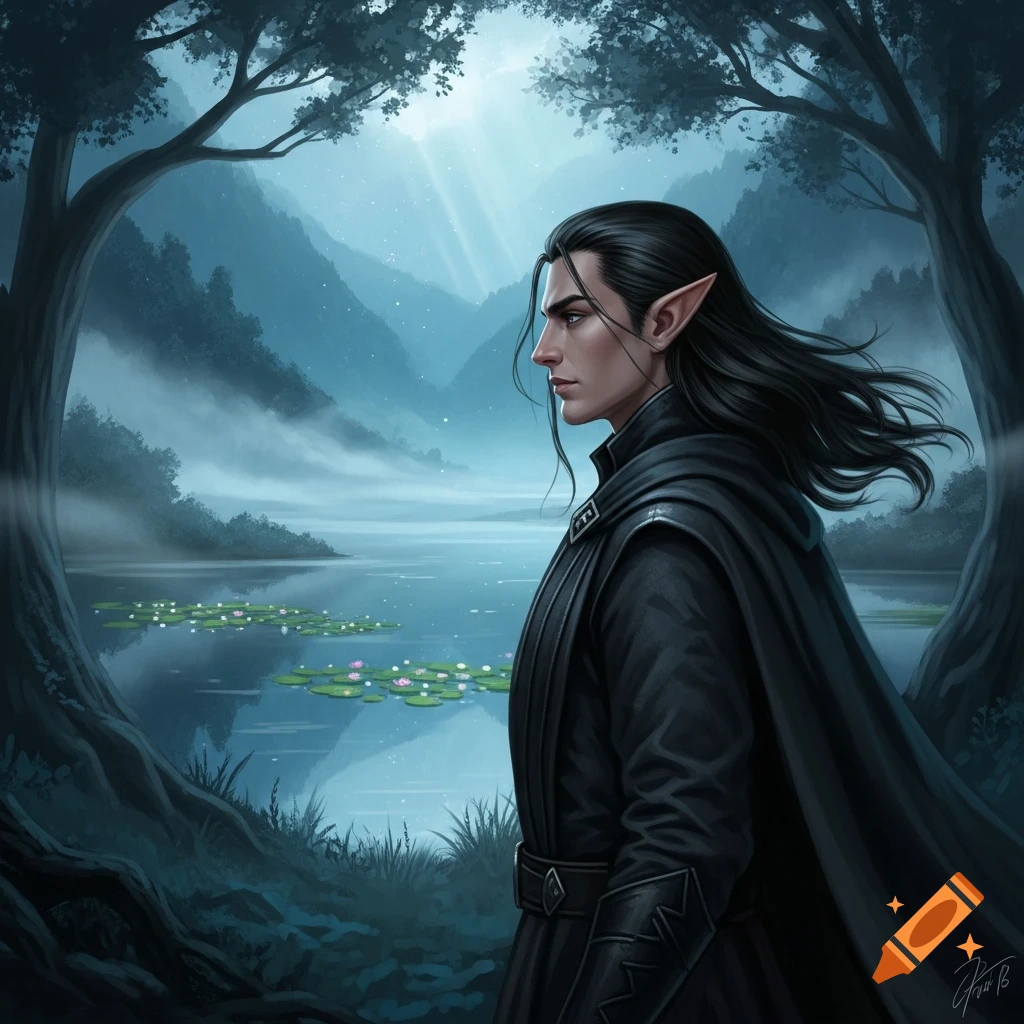 Profile of a dark-haired elf man in black clothes by a misty lake in a blue, foggy fantasy valley. Digital painting.