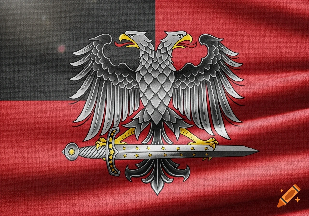 Stylized two-headed eagle holding a sword with stars, set against a black and red flag with fabric texture.