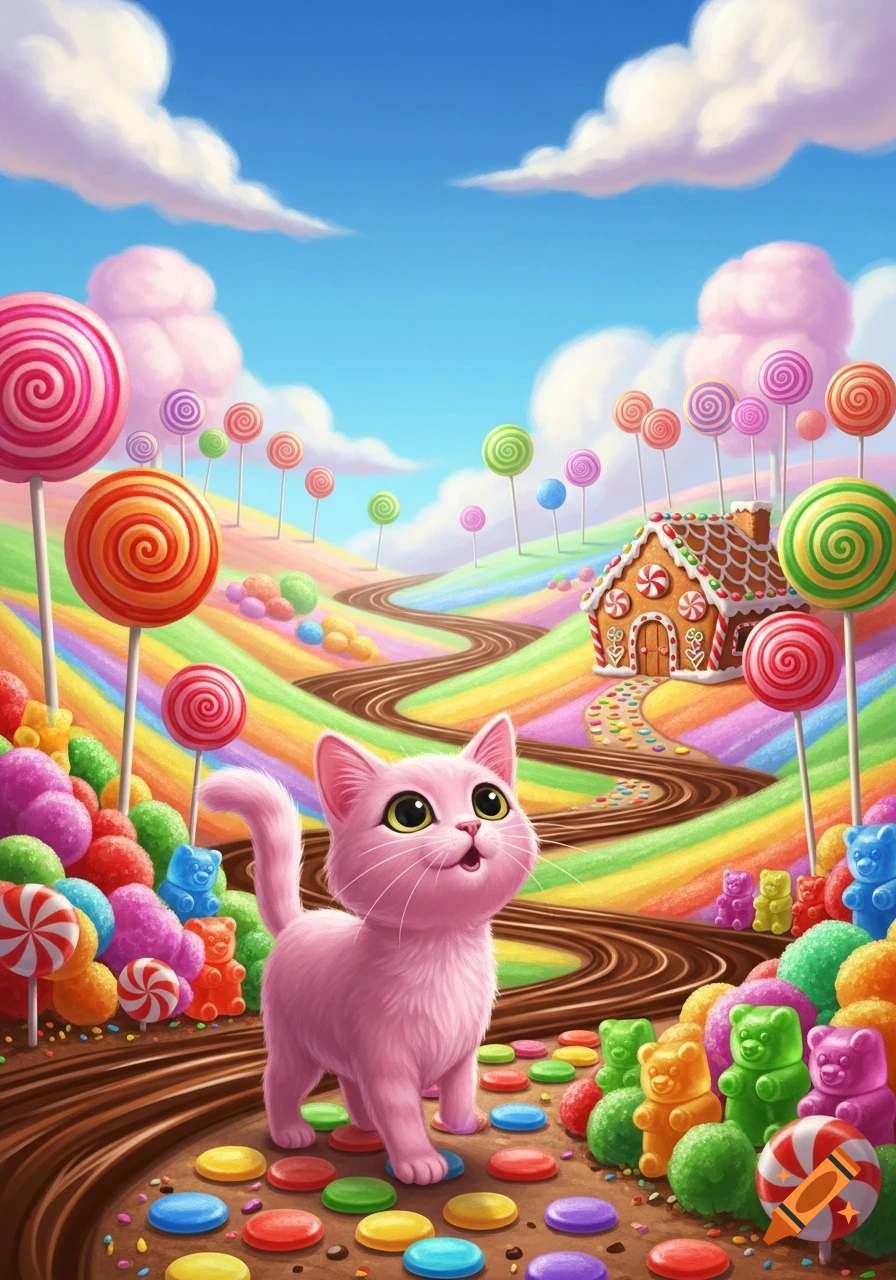 A vibrant fantasy candy land with a pink cat, lollipops, gummy bears, a gingerbread house, and rainbow hills.
