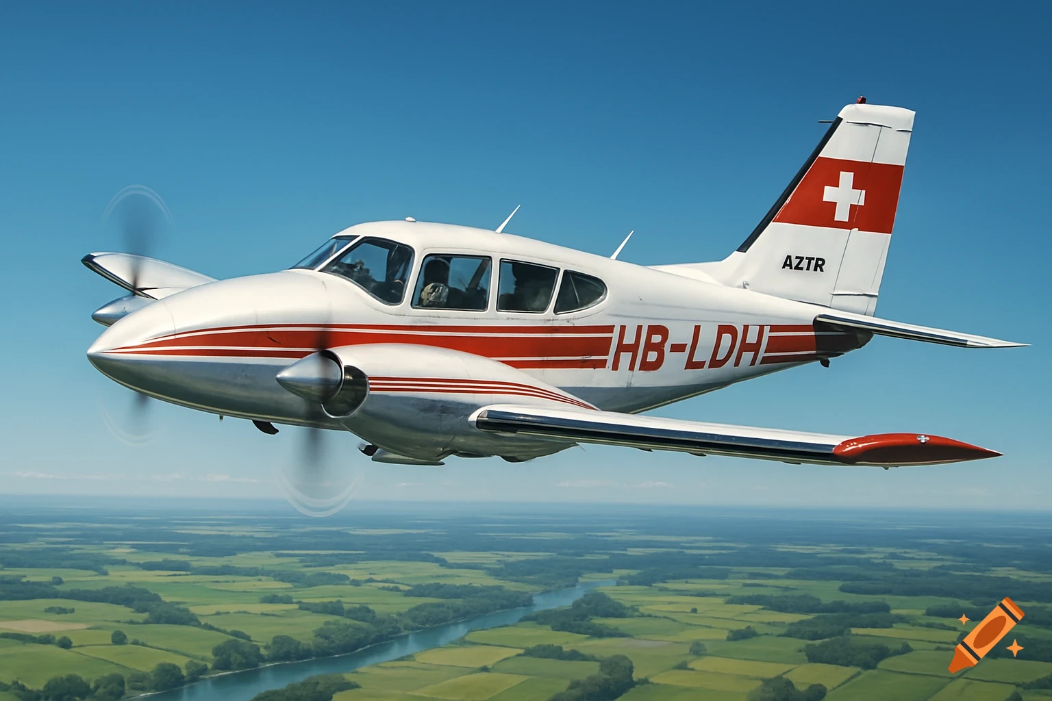 A white and red Piper Aztec airplane with "HB-LDH" on its side flies over green fields and a winding river under a blue sky.