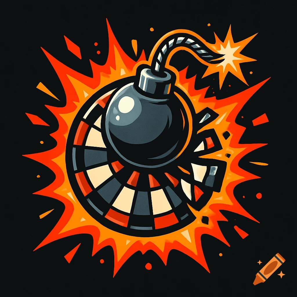 Cartoon logo of a dark gray bomb exploding a dartboard with orange and yellow flames on a black background.