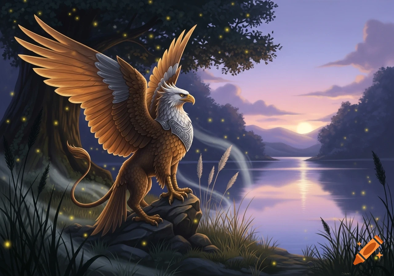 A majestic griffin with golden wings stands on a rock by a tranquil lake at sunset, surrounded by fireflies and lush foliage.