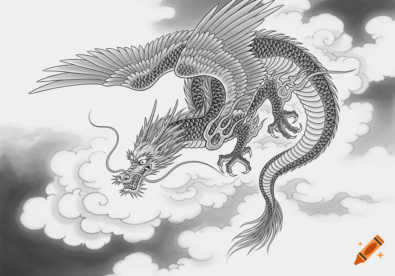 A black and white sumi-e style eastern dragon with wings, long whiskers, and sharp claws, flying through clouds.