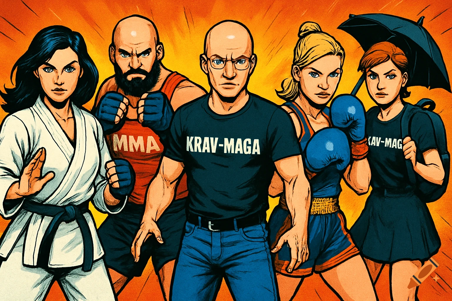 Comic book illustration of five diverse martial artists, including a woman in a judo gi, a man in MMA gear, a man in a Krav Maga shirt and jeans, a woman in boxing gear, and a woman in a Krav Maga shirt holding an umbrella, all ready for combat against an orange background.