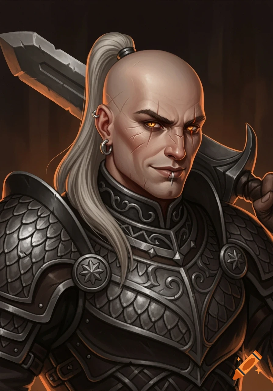 A bald human barbarian with a pale ponytail, scarred face, gold eyes, and lip piercing, wearing intricate scale armor and holding a greatsword over his shoulder, in a dark, warm, fantasy-style portrait.