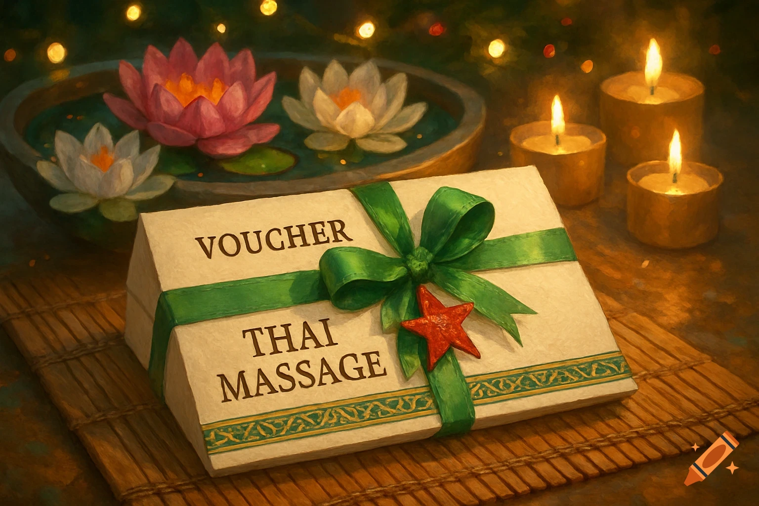A painterly gift voucher for 'THAI MASSAGE' on a bamboo mat, with glowing candles, lotus flowers, and festive lights in the background.