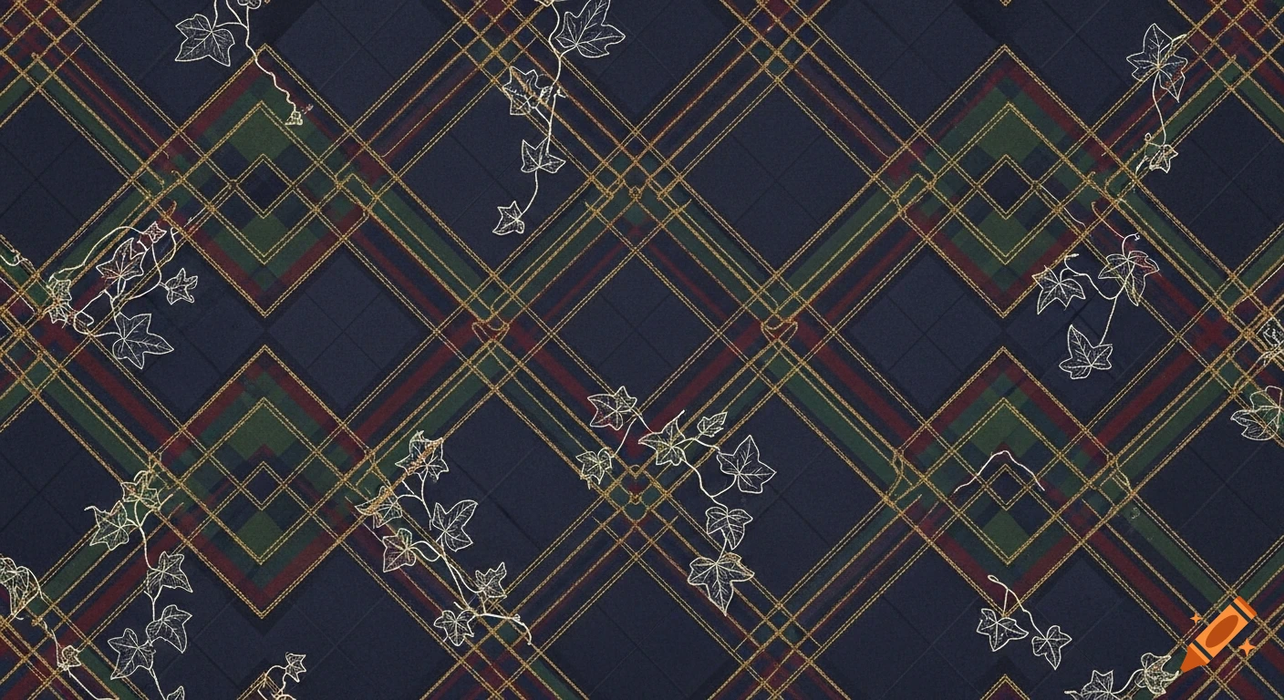 Repeating dark blue, green, red, and gold plaid pattern with white ivy leaf outlines.