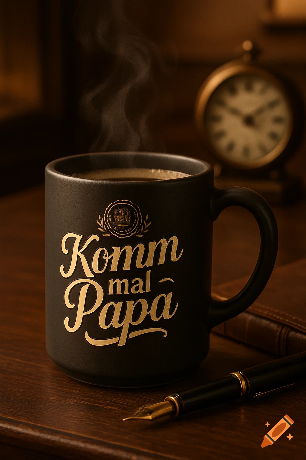 A steaming black coffee mug with gold text "Komm mal Papa" and an emblem, on a wooden desk with a fountain pen and a blurry clock in the background.