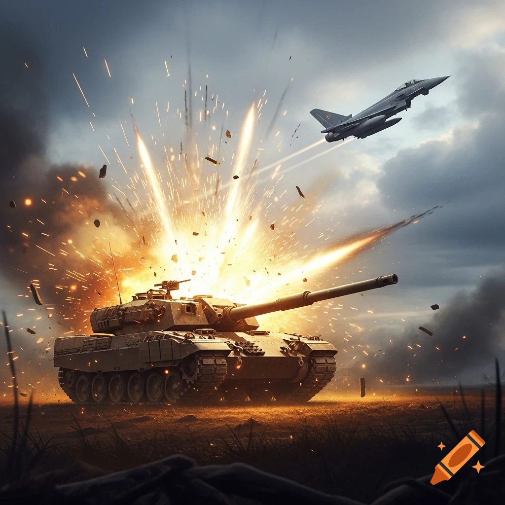 A military tank on a battlefield with a large explosion behind it, and a fighter jet flying overhead in a cloudy sky. Photorealistic.