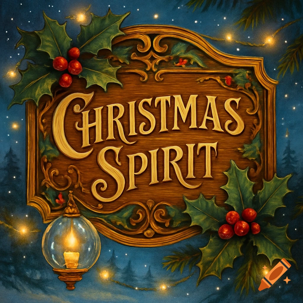 A festive wooden sign with 'CHRISTMAS SPIRIT' in golden letters, adorned with holly, red berries, and a glowing lantern, set against a starry night sky.