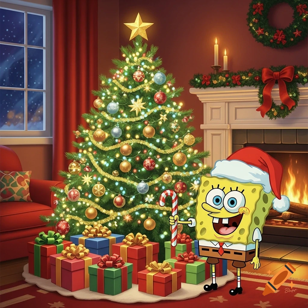 Spongebob Squarepants in a Santa hat holds a candy cane beside a brightly lit Christmas tree surrounded by presents in a festive room with a fireplace.