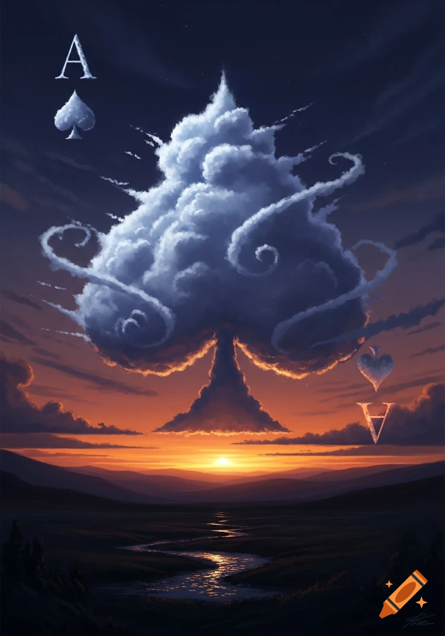 A dramatic sunset landscape with a large cloud shaped like an ace of spades, with a smaller 'A' and spade symbol in the top left. A river winds through the valley below.