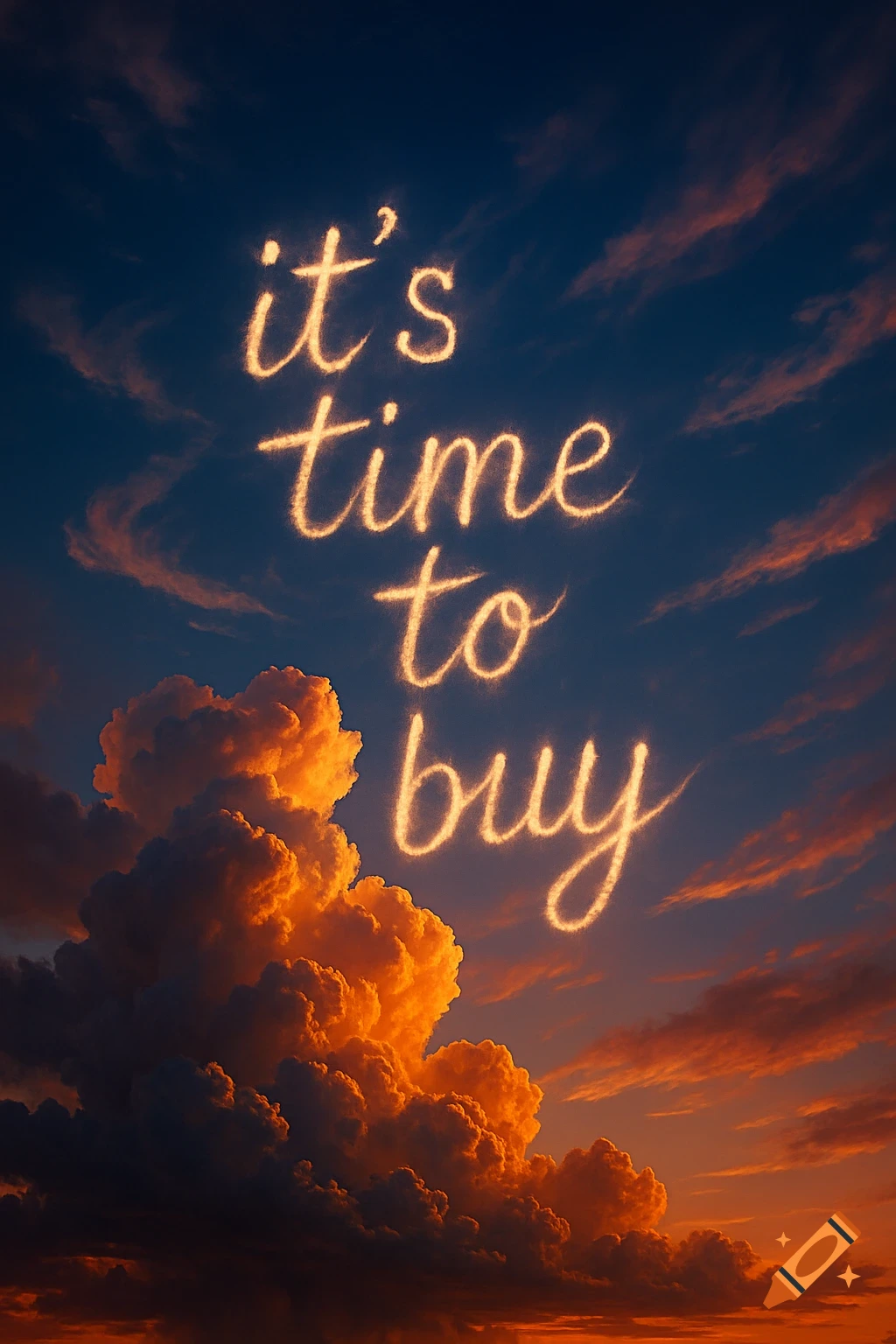Golden cloud text 'it's time to buy' in a dramatic, orange and blue sunset sky with large clouds.